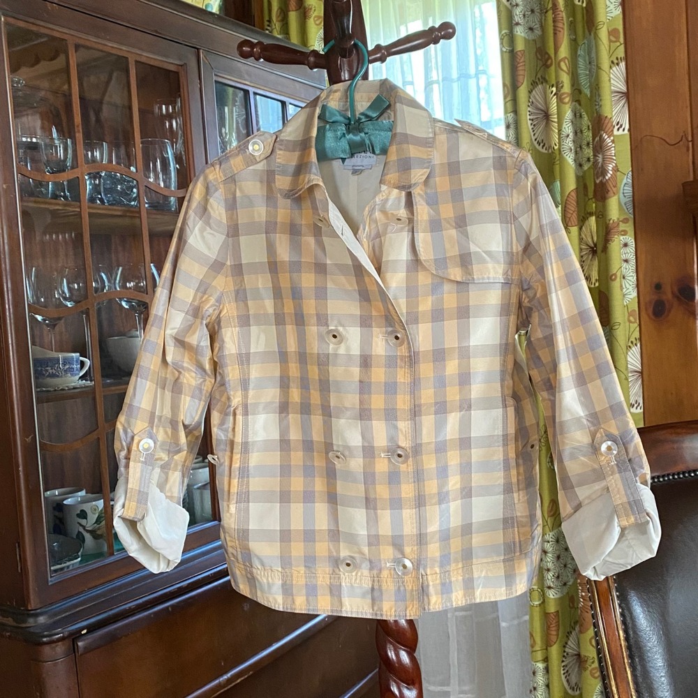 Armani Collezioni Plaid Jacket Womens 6 Tan Silk Double Breasted‎ Cropped Trench